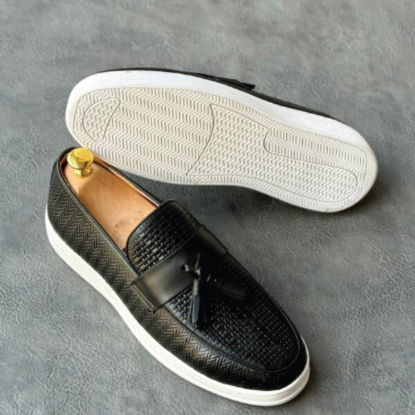 Black woven leather loafers