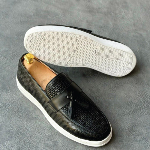Black woven leather loafers